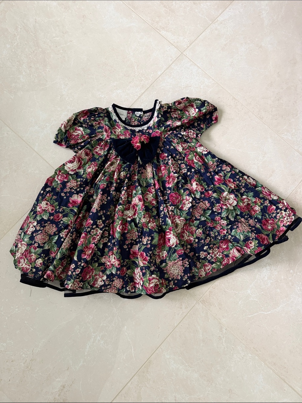 Bonnie Jean Navy Floral Velvet Bow Dress